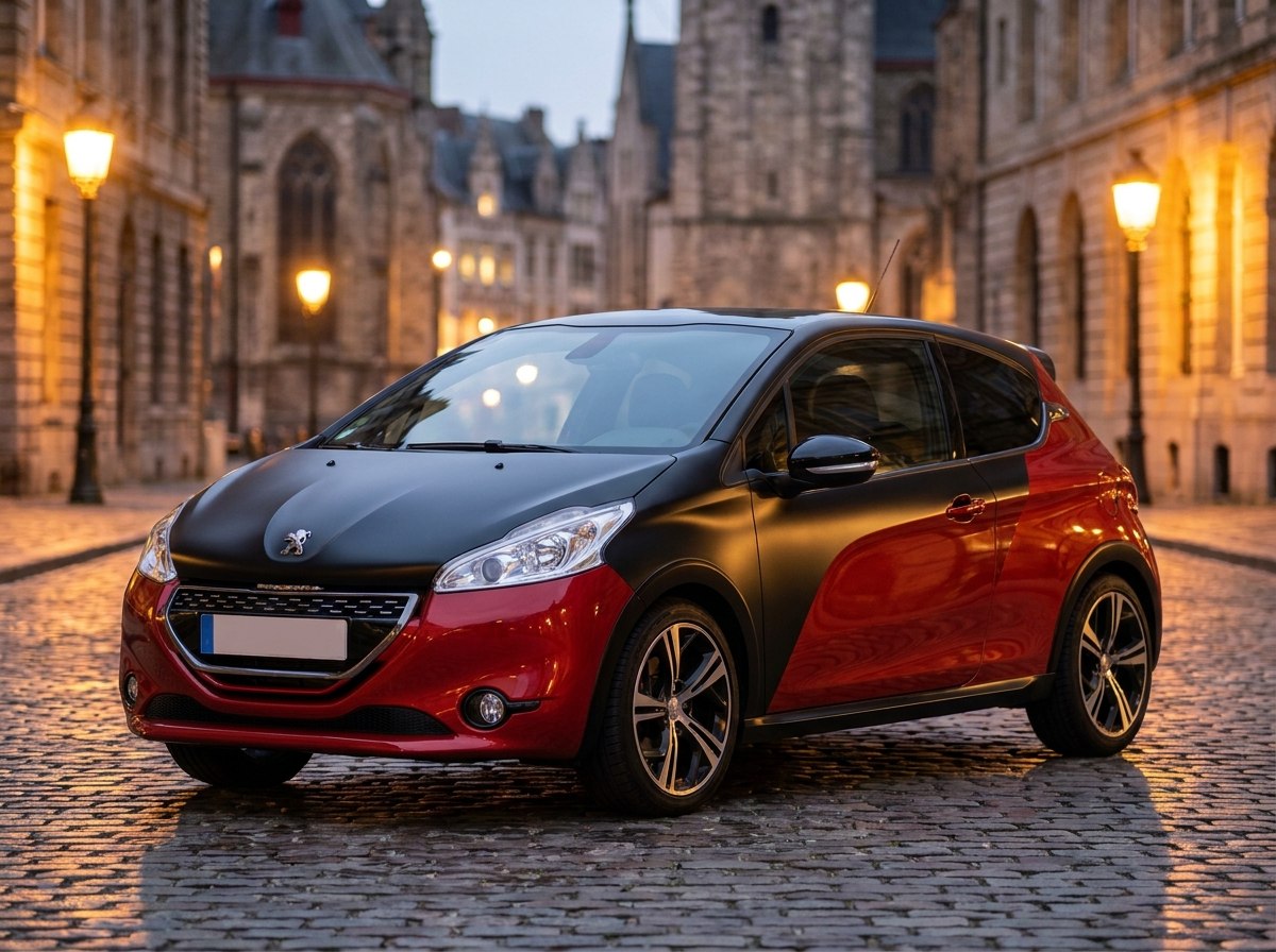Peugeot 208 GTI 30th bi-ton rouge et noir de trois quarts avant en environnement urbain