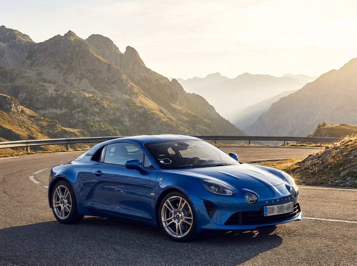 Alpine A110 bleu Alpine de trois quarts avant sur une route de montagne au lever du jour