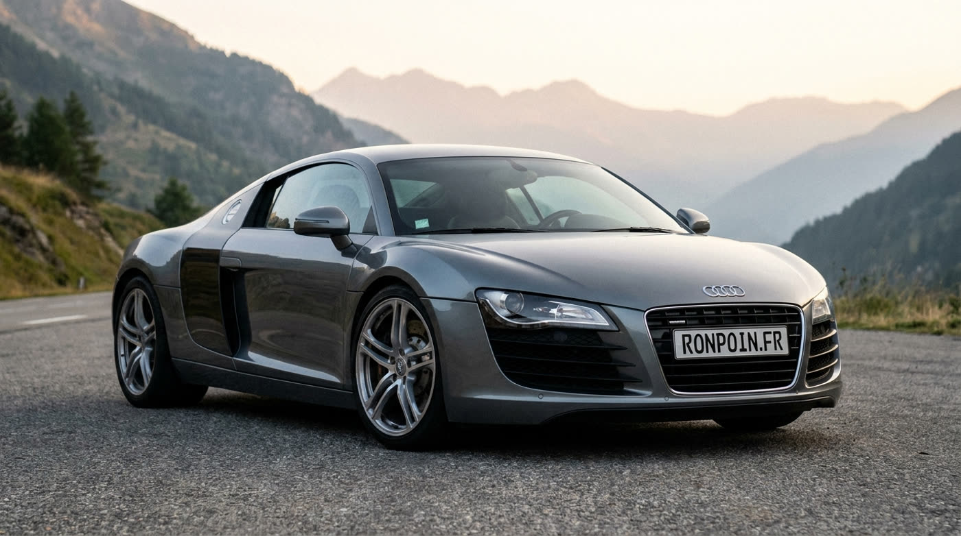 Audi R8 V8 première génération grise de trois quarts avant avec lames latérales contrastées