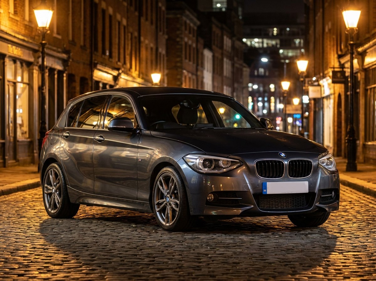 BMW M135i F20 grise de trois quarts avant de nuit en environnement urbain