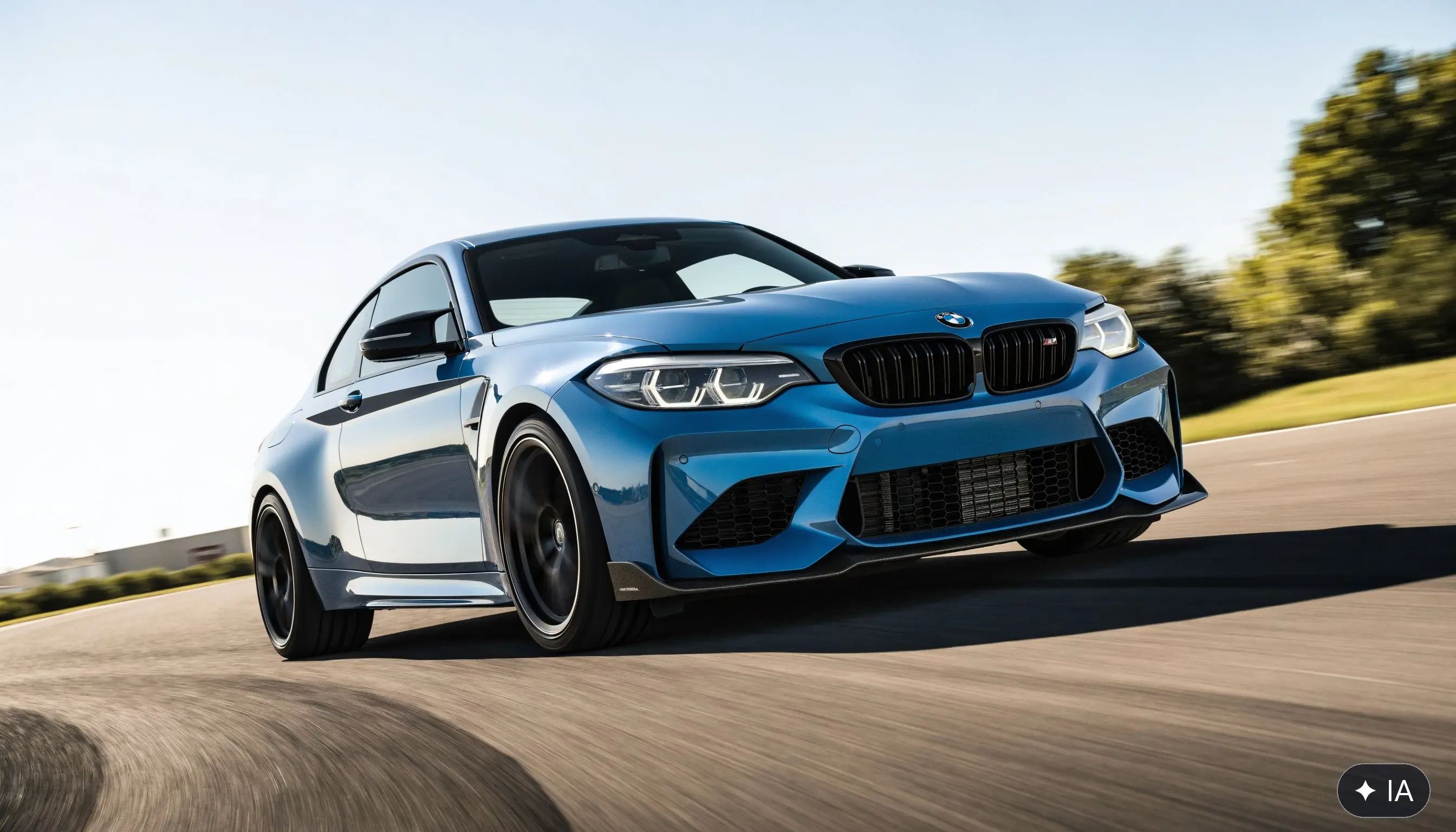 BMW M2 bleue de trois quarts avant