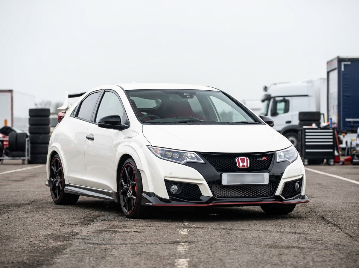 Honda Civic Type R FK2 blanche à grand aileron de trois quarts avant dans un paddock