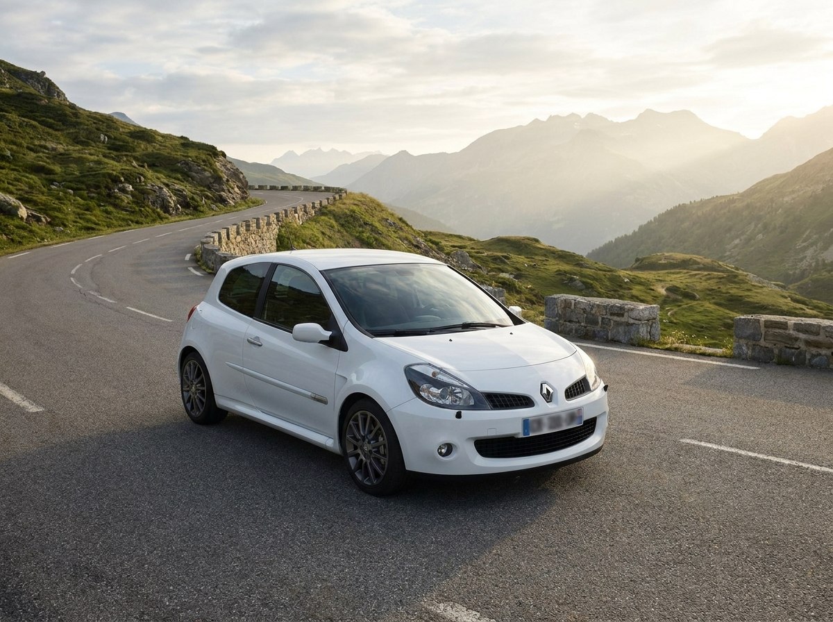 Renault Clio 3 RS blanc glacier de trois quarts avant sur une route de col