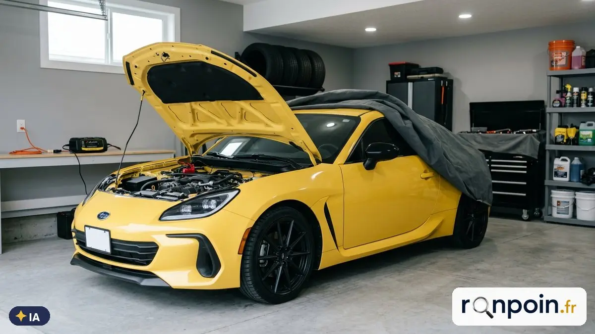 Image générée par intelligence artificielle Coupé sportif jaune dans un garage, chargeur de batterie branché et housse à moitié posée — illustration générée par IA