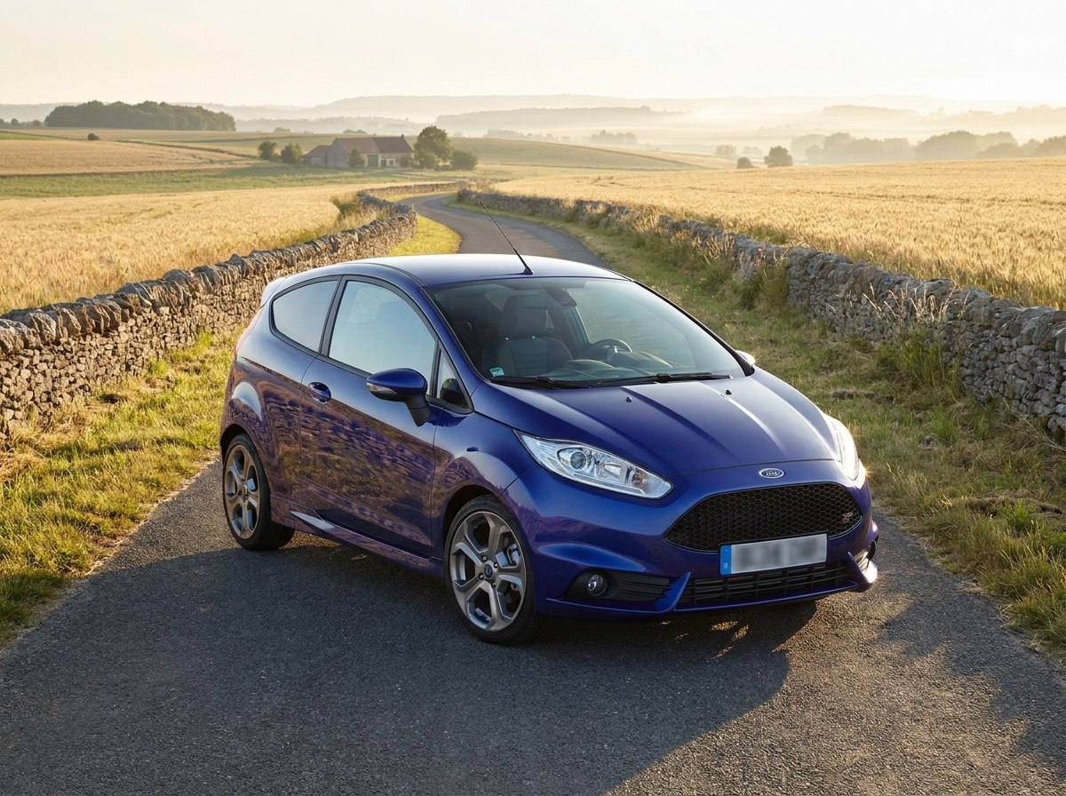 Ford Fiesta ST bleue de trois quarts avant sur une route de campagne