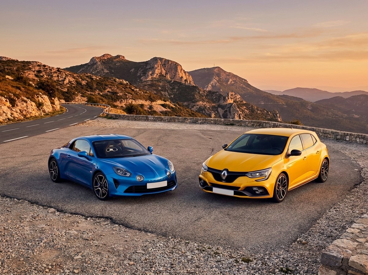 Alpine A110 bleue et Mégane RS jaune côte à côte sur un col de montagne au coucher du soleil