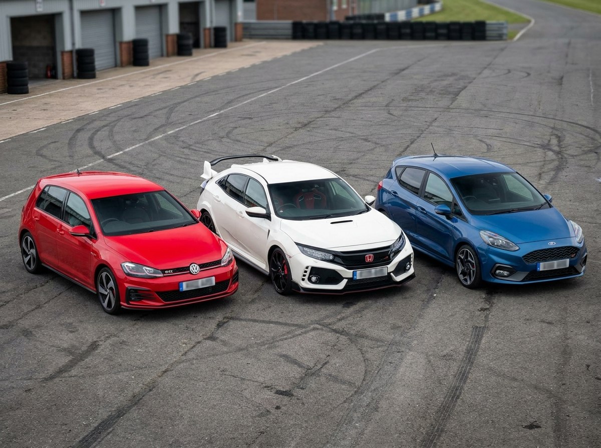 Plateau de compactes sportives alignées dans un paddock : GTI rouge, Type R blanche, Fiesta ST bleue