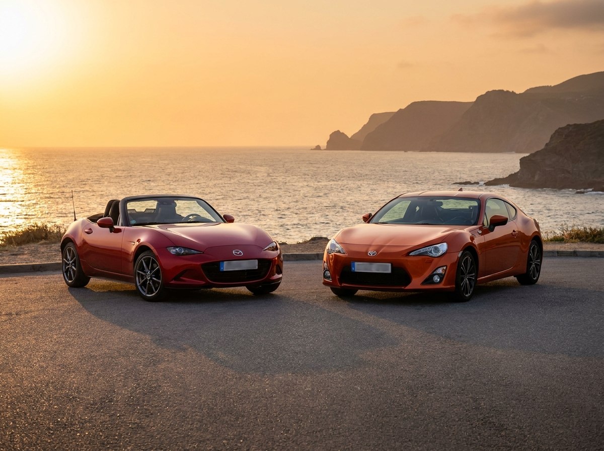 Mazda MX-5 rouge et Toyota GT86 orange face à la mer au coucher du soleil