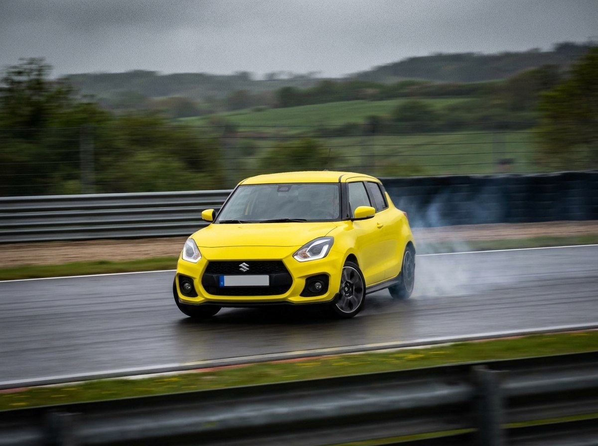 Sportive jaune en léger travers en sortie de virage sur circuit