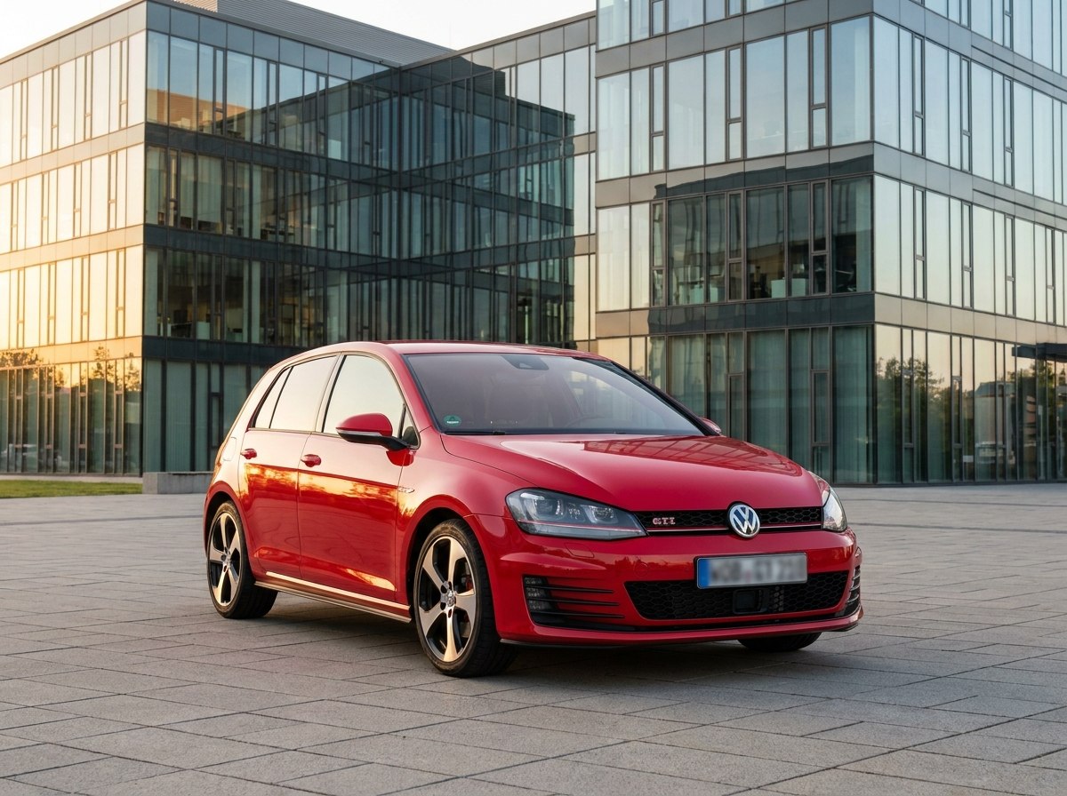 Volkswagen Golf 7 GTI rouge tornado de trois quarts avant devant une architecture moderne
