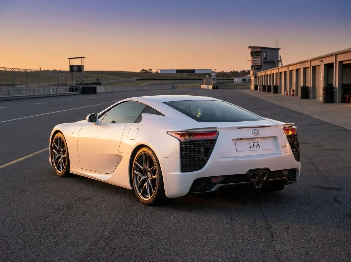 Lexus LFA de trois quarts arrière avec triple sortie d'échappement triangulaire