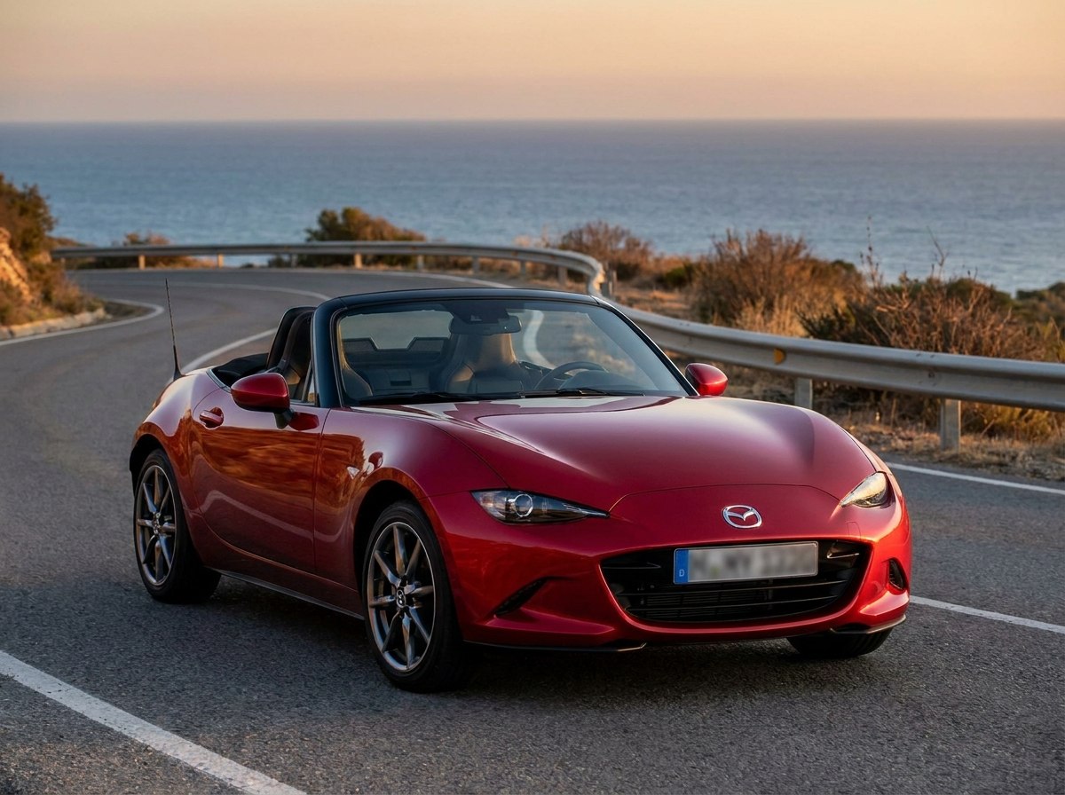 Mazda MX-5 ND rouge soul capote ouverte de trois quarts avant sur route côtière