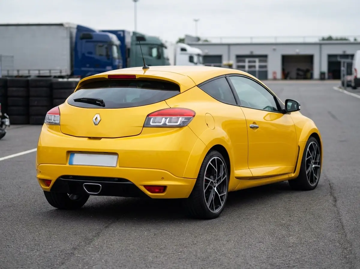 Mégane 3 RS jaune de trois quarts arrière avec échappement central et diffuseur