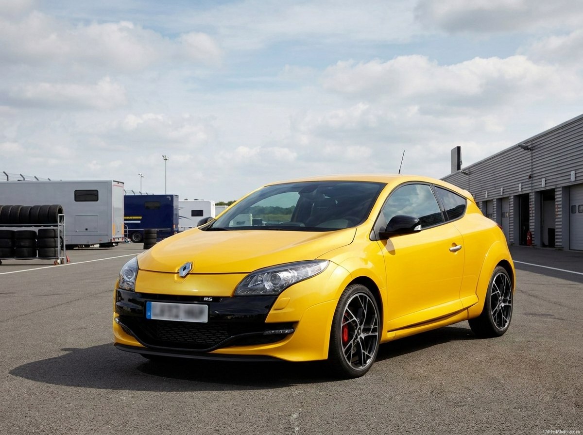 Renault Mégane 3 RS jaune Sirius de trois quarts avant en appui sur circuit