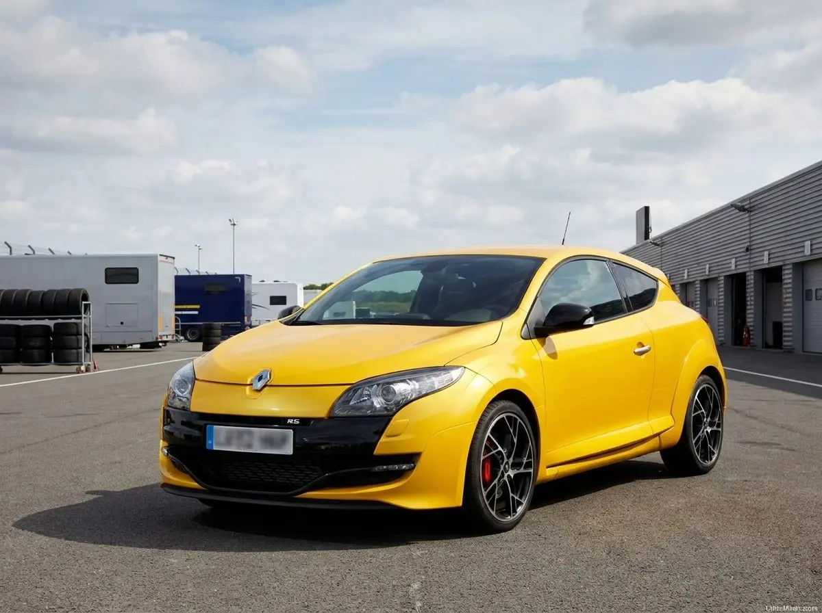 Renault Mégane 3 RS jaune Sirius de trois quarts avant sur circuit