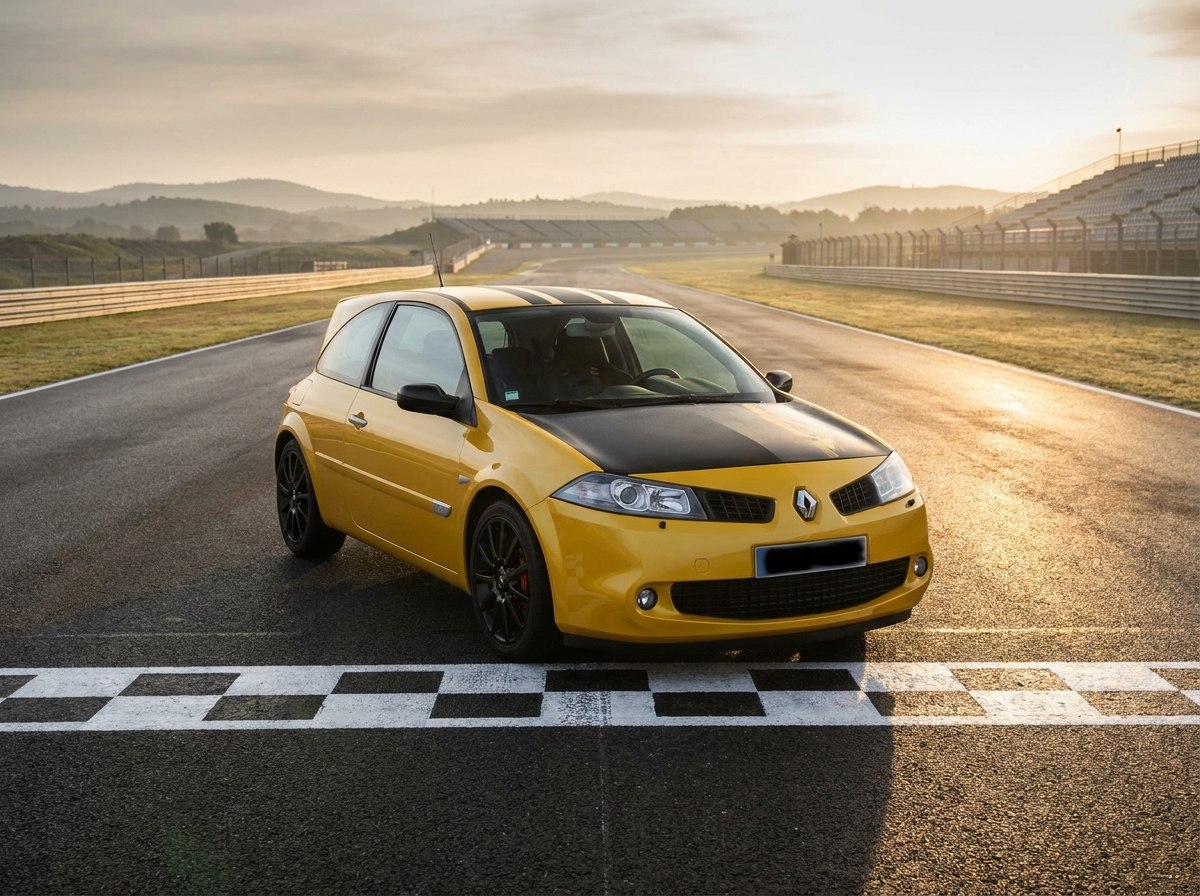 Renault Mégane R26.R jaune Sirius à bandes noires et capot carbone, de trois quarts avant sur circuit