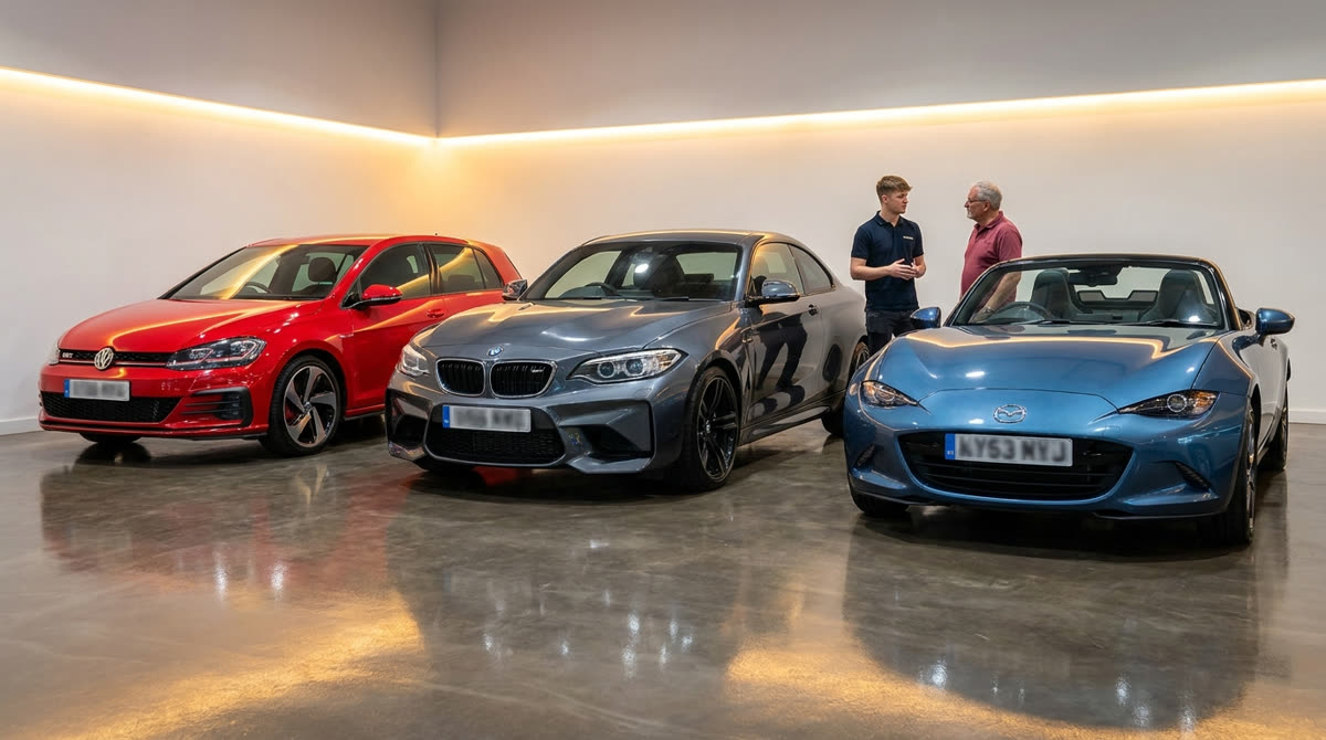 Showroom de dépôt-vente moderne avec sportives compactes exposées, illustration du modèle Vroom Market