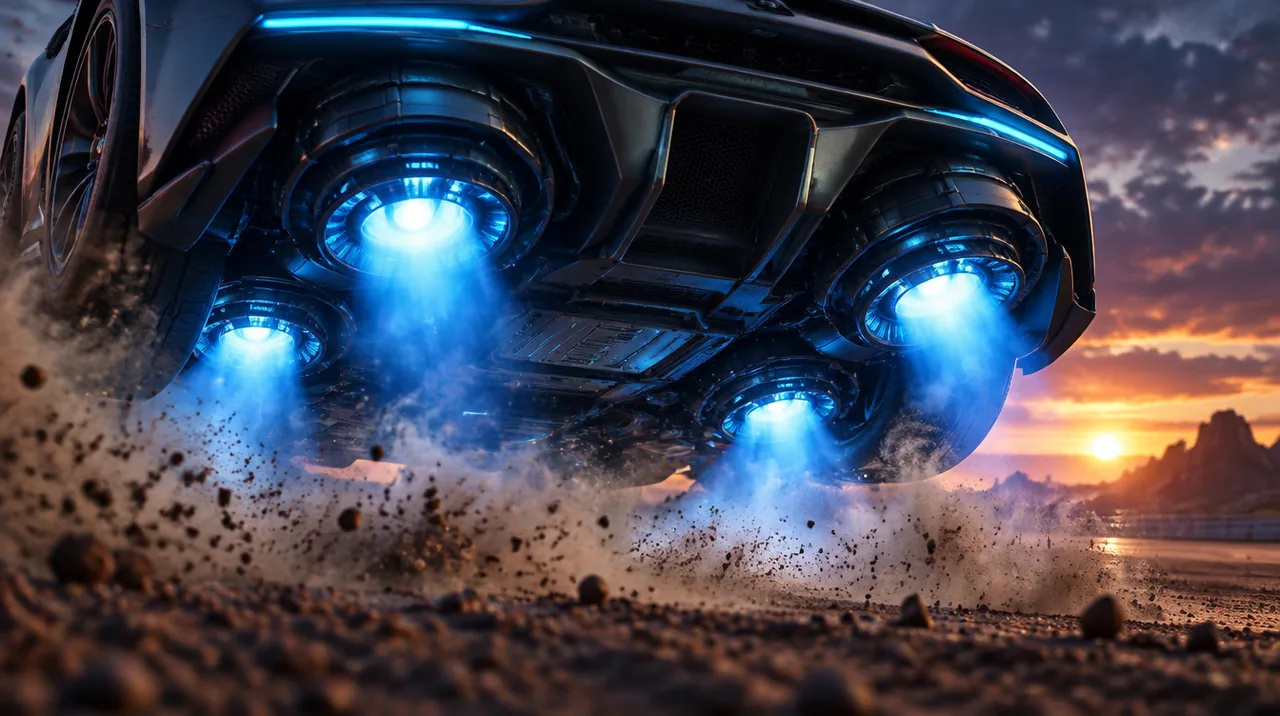 Vue d'artiste en gros plan du dessous d'une voiture futuriste, plusieurs buses de propulsion rougeoyant en bleu