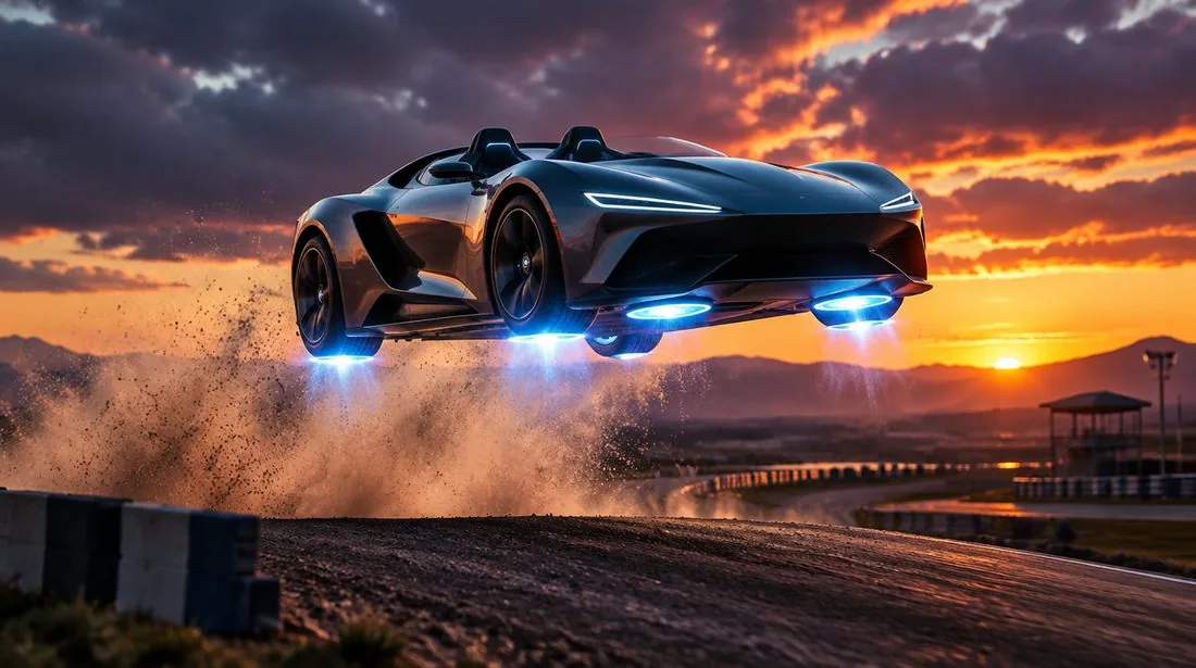 Vue d'artiste d'une voiture de sport électrique futuriste décollant au-dessus d'une piste, propulseurs lumineux