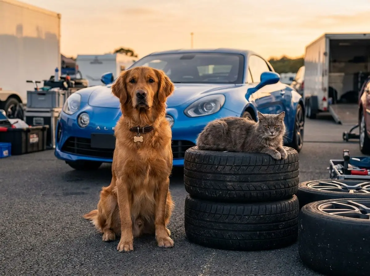 Thor le golden retriever et Paco le chat gris devant une sportive dans un paddock