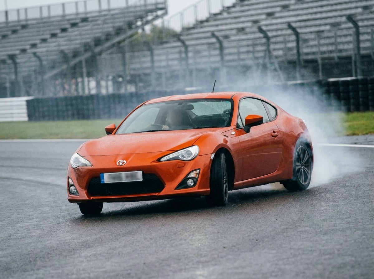 Toyota GT86 orange de trois quarts avant en léger appui sur circuit humide